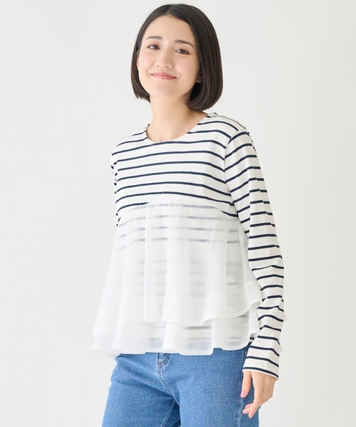 petit main LIEN（プティマインリアン）の「オーガンジードッキング長袖Tシャツ（Tシャツ/カットソー・レディース・ブラック/オフホワイト/マルチ・F）」の4枚目の写真