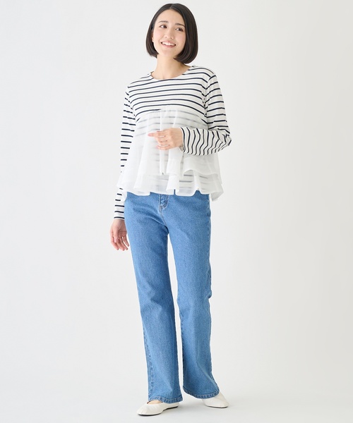 petit main LIEN（プティマインリアン）の「オーガンジードッキング長袖Tシャツ（Tシャツ/カットソー・レディース・ブラック/オフホワイト/マルチ・F）」の6枚目の写真