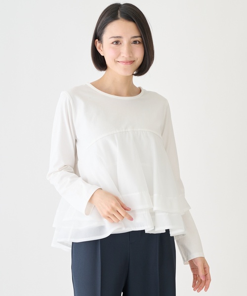 petit main LIEN（プティマインリアン）の「オーガンジードッキング長袖Tシャツ（Tシャツ/カットソー・レディース・ブラック/オフホワイト/マルチ・F）」の7枚目の写真