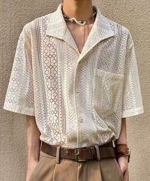 【26年春夏新作】オープンカラー透かし網レース半袖シャツ