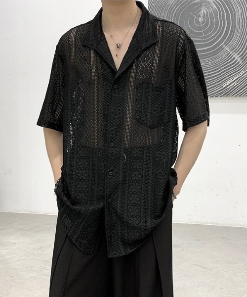 lilful（リルフル）の「【26年春夏新作】オープンカラー透かし網レース半袖シャツ（シャツ/ブラウス・メンズ・ブラック/アイボリー・L/M）」の2枚目の写真
