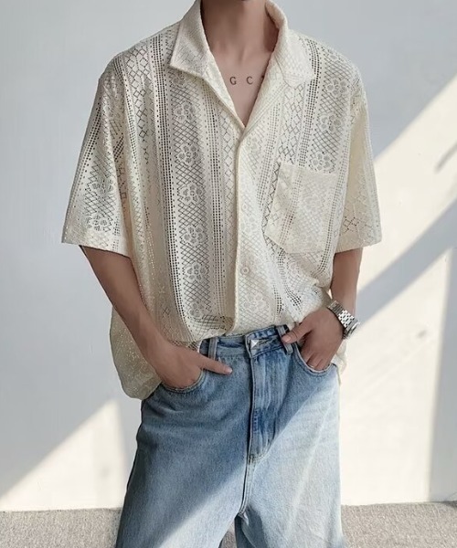 lilful（リルフル）の「【26年春夏新作】オープンカラー透かし網レース半袖シャツ（シャツ/ブラウス・メンズ・ブラック/アイボリー・L/M）」の4枚目の写真