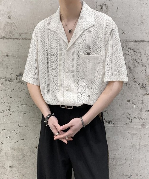 lilful（リルフル）の「【26年春夏新作】オープンカラー透かし網レース半袖シャツ（シャツ/ブラウス・メンズ・ブラック/アイボリー・L/M）」の15枚目の写真