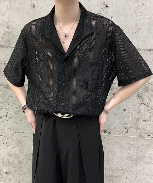 lilful（リルフル）の「【26年春夏新作】オープンカラー透かし網レース半袖シャツ（シャツ/ブラウス・メンズ・ブラック/アイボリー・L/M）」の10枚目の写真