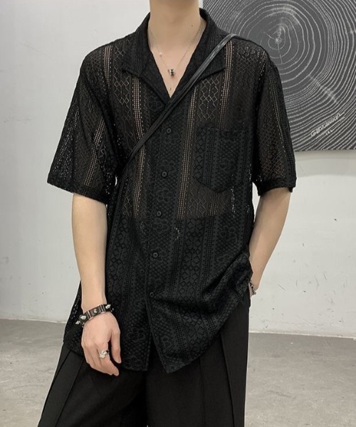 lilful（リルフル）の「【26年春夏新作】オープンカラー透かし網レース半袖シャツ（シャツ/ブラウス・メンズ・ブラック/アイボリー・L/M）」の11枚目の写真