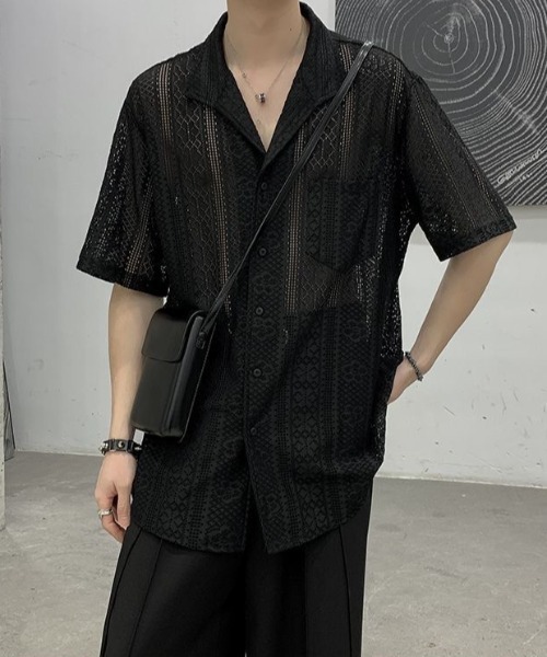 lilful（リルフル）の「【26年春夏新作】オープンカラー透かし網レース半袖シャツ（シャツ/ブラウス・メンズ・ブラック/アイボリー・L/M）」の12枚目の写真