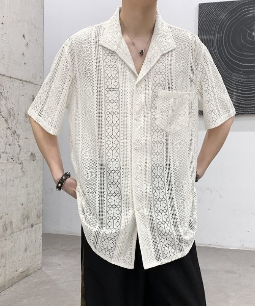 lilful（リルフル）の「【26年春夏新作】オープンカラー透かし網レース半袖シャツ（シャツ/ブラウス・メンズ・ブラック/アイボリー・L/M）」の16枚目の写真