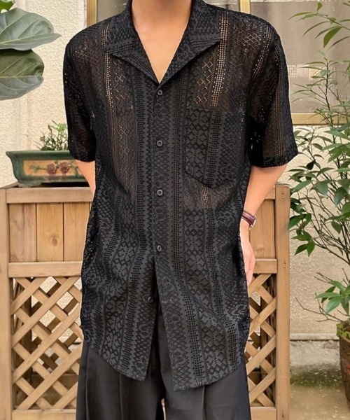 lilful（リルフル）の「【26年春夏新作】オープンカラー透かし網レース半袖シャツ（シャツ/ブラウス・メンズ・ブラック/アイボリー・L/M）」の14枚目の写真