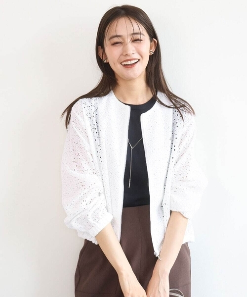 MK MICHEL KLEIN（エムケーミッシェルクラン）の「[洗える]花柄ラッセルレースジップアップブルゾン（ブルゾン・レディース・ホワイト/ネイビー・38）」の3枚目の写真