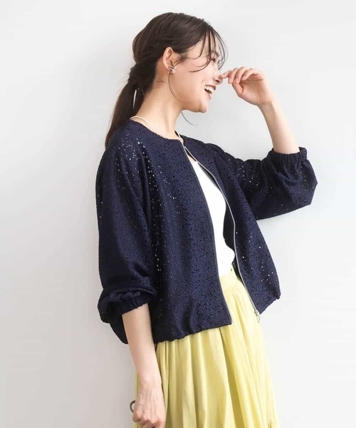MK MICHEL KLEIN（エムケーミッシェルクラン）の「[洗える]花柄ラッセルレースジップアップブルゾン（ブルゾン・レディース・ホワイト/ネイビー・38）」の7枚目の写真