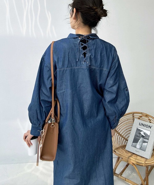 AS KNOW AS plus(アズノゥアズプラス)の「〇後レースアップリボン前開きシャツワンピース(ワンピース・レディース・ブラック系/グリーン系/ブルー系/ブルー系その他・FREE)」の9枚目の写真