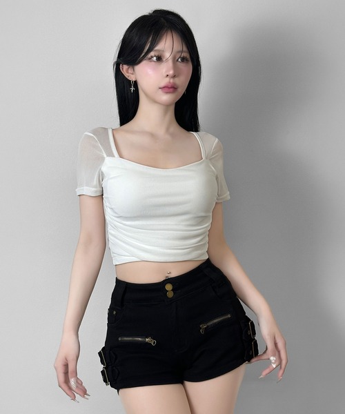 FOLLOWIN(フォロウィン)の「【カップ付き】シアースリーブドッキングクロップドTシャツ(Tシャツ/カットソー・レディース・ブラック/ホワイト・FREE)」の16枚目の写真