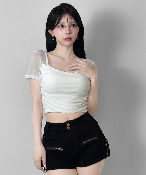 FOLLOWIN(フォロウィン)の「【カップ付き】シアースリーブドッキングクロップドTシャツ(Tシャツ/カットソー・レディース・ブラック/ホワイト・FREE)」の17枚目の写真