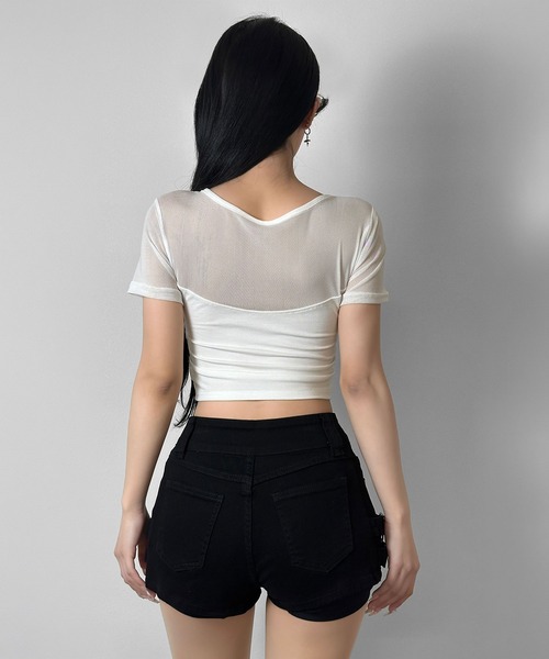 FOLLOWIN(フォロウィン)の「【カップ付き】シアースリーブドッキングクロップドTシャツ(Tシャツ/カットソー・レディース・ブラック/ホワイト・FREE)」の19枚目の写真