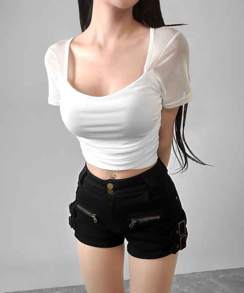 FOLLOWIN(フォロウィン)の「【カップ付き】シアースリーブドッキングクロップドTシャツ(Tシャツ/カットソー・レディース・ブラック/ホワイト・FREE)」の20枚目の写真