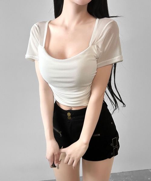 FOLLOWIN(フォロウィン)の「【カップ付き】シアースリーブドッキングクロップドTシャツ(Tシャツ/カットソー・レディース・ブラック/ホワイト・FREE)」の21枚目の写真