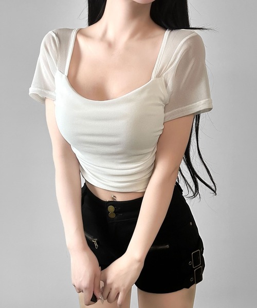 FOLLOWIN(フォロウィン)の「【カップ付き】シアースリーブドッキングクロップドTシャツ(Tシャツ/カットソー・レディース・ブラック/ホワイト・FREE)」の22枚目の写真