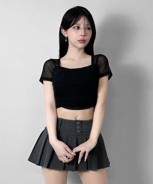 FOLLOWIN(フォロウィン)の「【カップ付き】シアースリーブドッキングクロップドTシャツ(Tシャツ/カットソー・レディース・ブラック/ホワイト・FREE)」の8枚目の写真