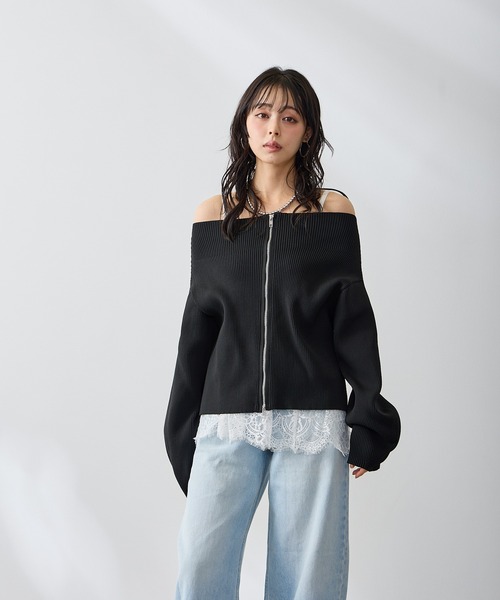 Anclear oui(アンクリアウィ)の「ダブルZIPワイドネックニット(ニット/セーター・レディース・ブルー/Black/White/PINK・F)」の15枚目の写真
