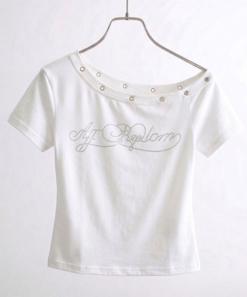 Diable baiser(ディアブルベーゼ)の「オフショル ハトメディテール ラインストーンロゴ クロップドTシャツ(Tシャツ/カットソー・レディース・ホワイト・FREE)」の8枚目の写真