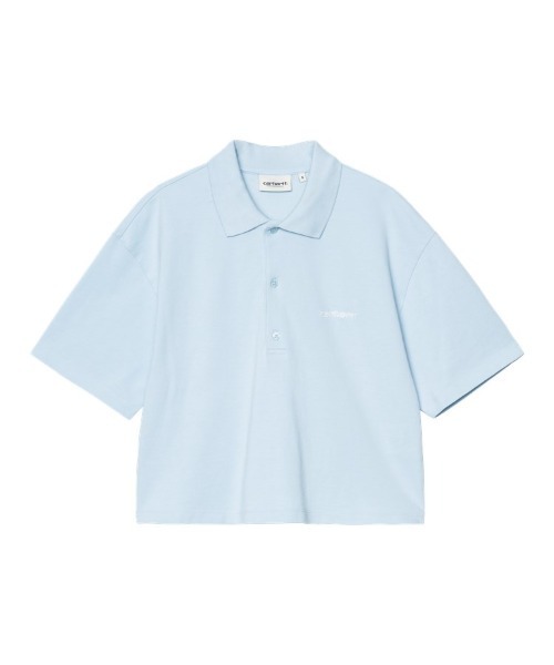Carhartt WIP（カーハートダブリューアイピー）の「W' S/S Carhartt Script Polo T-Shirt（ポロシャツ・レディース・ライトブルー/ホワイト×ブラック/ブラック×ホワイト・LARGE/MEDIUM/SMALL）」の3枚目の写真