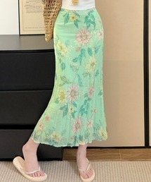 【Y2Kガーリー】レトロフラワープリントシフォンスカート ロング丈 ウエストゴム