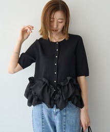 YECCA VECCA | パール釦ラッフル5分袖カーディガン(カーディガン/ボレロ)