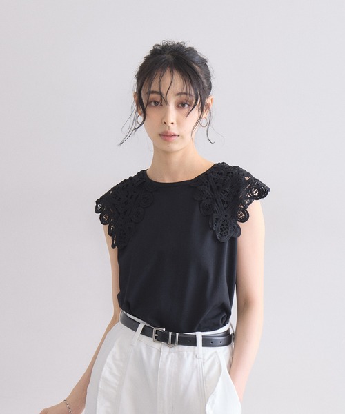 &. NOSTALGIA(アンドドットノスタルジア)の「【接触冷感・UVカット】レース襟ノースリトップス(Tシャツ/カットソー・レディース・ブラック/オフホワイト・M)」の8枚目の写真