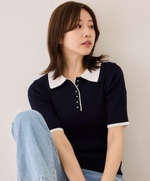 配色衿付きリブ半袖ニット