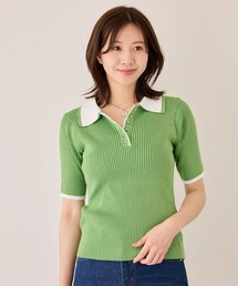 配色衿付きリブ半袖ニット