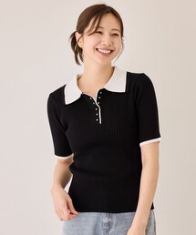 配色衿付きリブ半袖ニット
