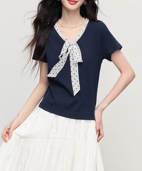 ONEP STAR(ワンピスター)の「ボウタイドット柄フリル半袖カットソー(Tシャツ/カットソー・レディース・ネイビー・X-LARGE/LARGE/MEDIUM)」の11枚目の写真