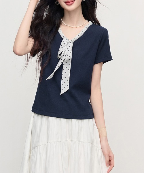 ONEP STAR(ワンピスター)の「ボウタイドット柄フリル半袖カットソー(Tシャツ/カットソー・レディース・ネイビー・X-LARGE/LARGE/MEDIUM)」の12枚目の写真