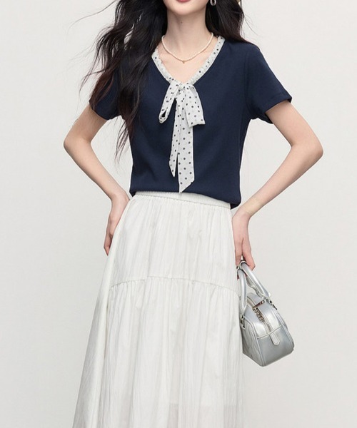 ONEP STAR(ワンピスター)の「ボウタイドット柄フリル半袖カットソー(Tシャツ/カットソー・レディース・ネイビー・X-LARGE/LARGE/MEDIUM)」の6枚目の写真