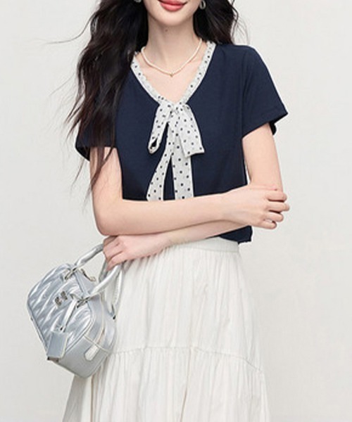ONEP STAR(ワンピスター)の「ボウタイドット柄フリル半袖カットソー(Tシャツ/カットソー・レディース・ネイビー・X-LARGE/LARGE/MEDIUM)」の8枚目の写真