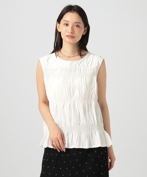 BAYFLOW(ベイフロー)の「フロントシャーリングノースリーブ(Tシャツ/カットソー・レディース・ブラウン/オフホワイト/ブラック・FREE)」の2枚目の写真