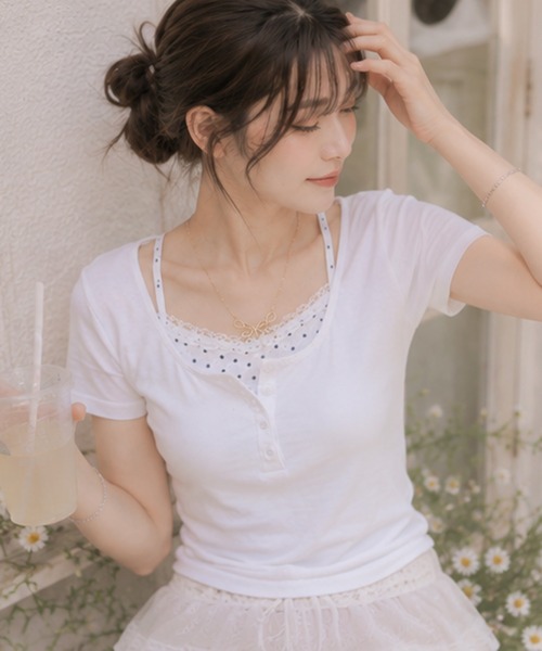 Nia（ニア）の「Nia(ニア)/ドットレイヤード風ヘンリーネックトップス（Tシャツ/カットソー・レディース・グレー/グレイッシュブルー/ホワイト・FREE）」の2枚目の写真