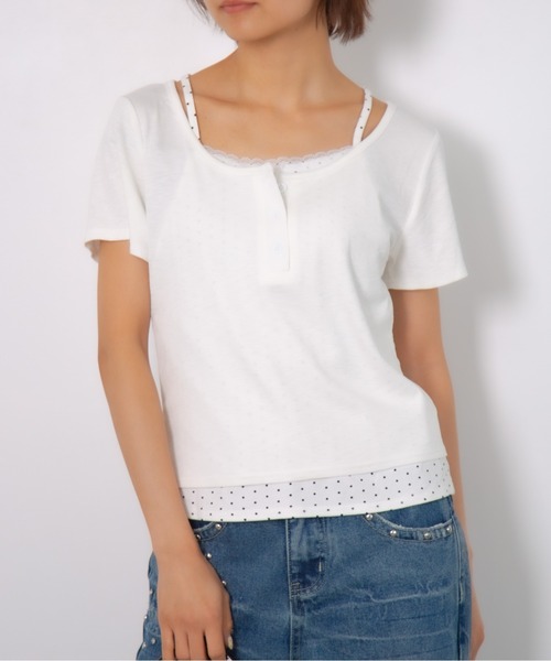 Nia（ニア）の「Nia(ニア)/ドットレイヤード風ヘンリーネックトップス（Tシャツ/カットソー・レディース・グレー/グレイッシュブルー/ホワイト・FREE）」の9枚目の写真