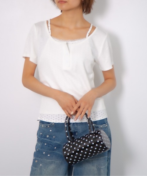 Nia（ニア）の「Nia(ニア)/ドットレイヤード風ヘンリーネックトップス（Tシャツ/カットソー・レディース・グレー/グレイッシュブルー/ホワイト・FREE）」の10枚目の写真