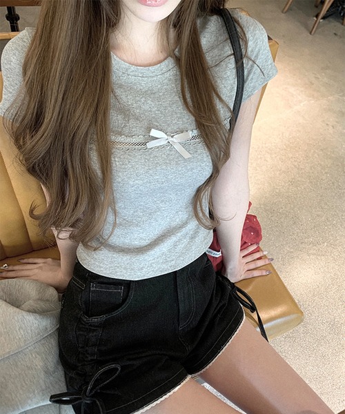 shyam inspiration(シャムインスピレーション)の「メッシュラインリボンコンパクトTシャツ(Tシャツ/カットソー・レディース・ピンク/グレー/ホワイト/イエロー・M/S)」の3枚目の写真
