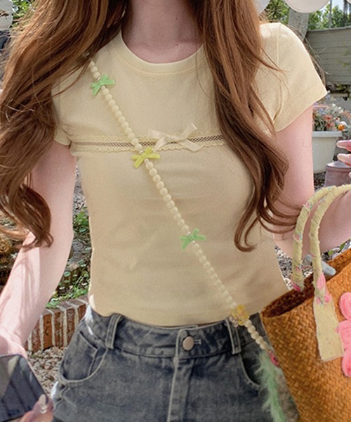 shyam inspiration(シャムインスピレーション)の「メッシュラインリボンコンパクトTシャツ(Tシャツ/カットソー・レディース・ピンク/グレー/ホワイト/イエロー・M/S)」の4枚目の写真