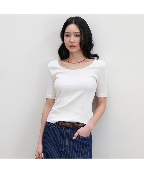 MORVE13(モルブ13)の「ロニースリムツーウェイTシャツ(チャコールネイビー)(Tシャツ/カットソー・レディース・アイボリー/イエロー/ライトグレー/ネイビー/ブラック・FREE)」の1枚目の写真
