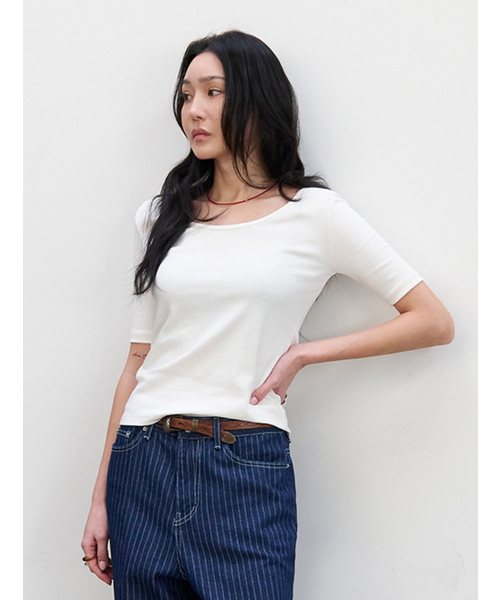 MORVE13(モルブ13)の「ロニースリムツーウェイTシャツ(チャコールネイビー)(Tシャツ/カットソー・レディース・アイボリー/イエロー/ライトグレー/ネイビー/ブラック・FREE)」の8枚目の写真