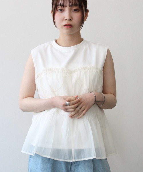 Meli rich（メリーリッチ）の「ビスチェ見えチュールフリルノースリーブプルオーバー（Tシャツ/カットソー・レディース・ブラック/ホワイト/ホワイト×ブラック・FREE）」の5枚目の写真