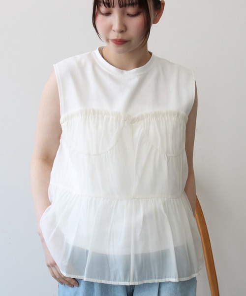 Meli rich（メリーリッチ）の「ビスチェ見えチュールフリルノースリーブプルオーバー（Tシャツ/カットソー・レディース・ブラック/ホワイト/ホワイト×ブラック・FREE）」の7枚目の写真