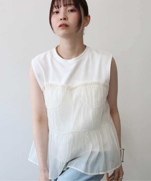 Meli rich（メリーリッチ）の「ビスチェ見えチュールフリルノースリーブプルオーバー（Tシャツ/カットソー・レディース・ブラック/ホワイト/ホワイト×ブラック・FREE）」の8枚目の写真