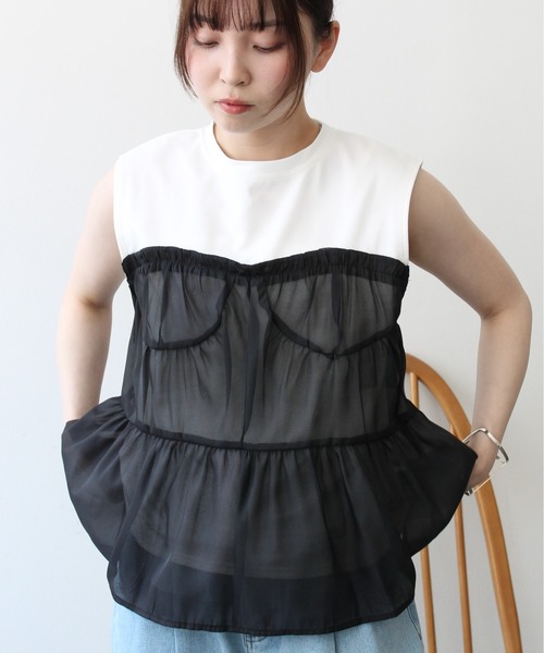 Meli rich（メリーリッチ）の「ビスチェ見えチュールフリルノースリーブプルオーバー（Tシャツ/カットソー・レディース・ブラック/ホワイト/ホワイト×ブラック・FREE）」の10枚目の写真