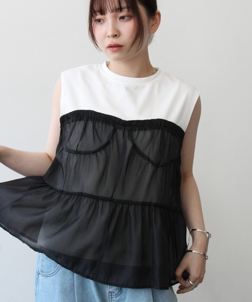 Meli rich（メリーリッチ）の「ビスチェ見えチュールフリルノースリーブプルオーバー（Tシャツ/カットソー・レディース・ブラック/ホワイト/ホワイト×ブラック・FREE）」の11枚目の写真