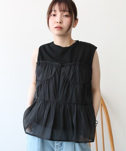Meli rich（メリーリッチ）の「ビスチェ見えチュールフリルノースリーブプルオーバー（Tシャツ/カットソー・レディース・ブラック/ホワイト/ホワイト×ブラック・FREE）」の14枚目の写真