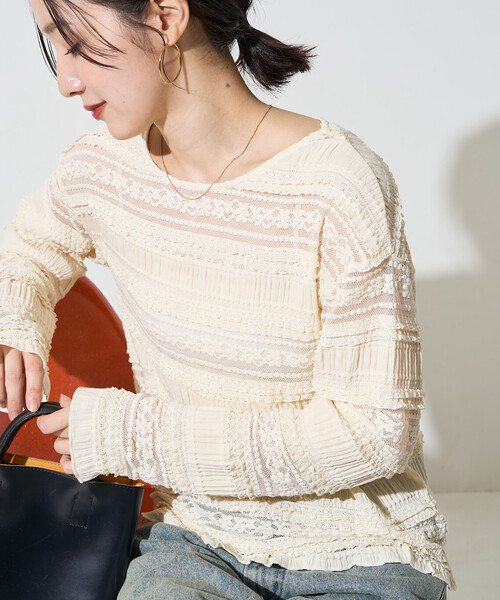 FREAK'S STORE(フリークスストア)の「限定展開 フラワー フリル ボーダー レース トップス(Tシャツ/カットソー・レディース・ブラック/オフホワイト・フリ-)」の2枚目の写真